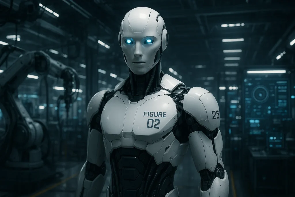 Figure 02 humanoid robot in a futuristic factory, representing the advanced robotics of 2025.