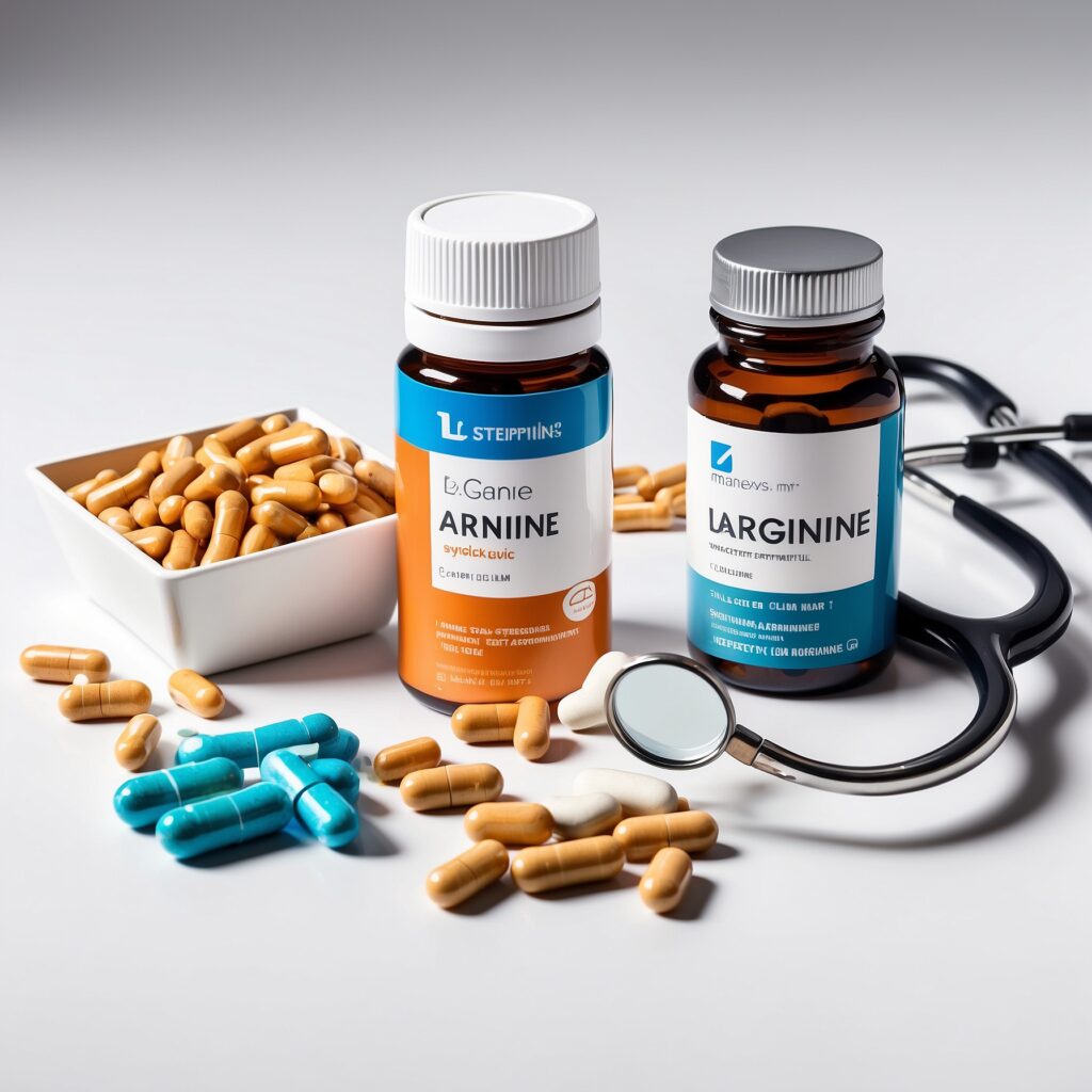 A clean arrangement of male enhancement supplements including L-Arginine and Ginseng, with a stethoscope placed beside them.