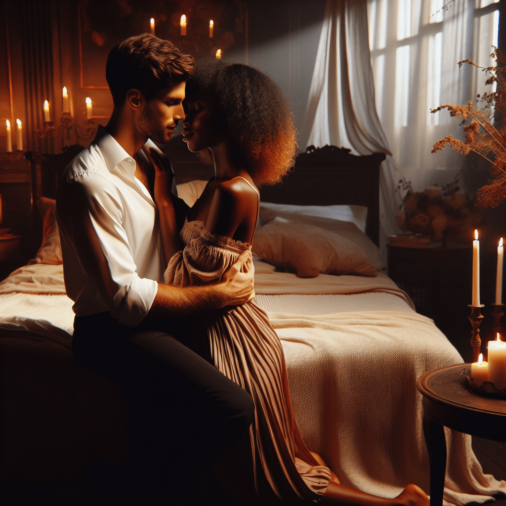 A sensual image of a romantic couple in a dimly lit room showcasing emotional intimacy and confidence during sex.