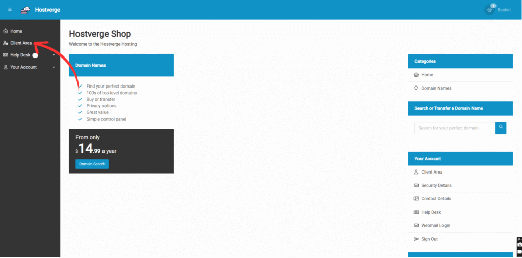 client area of hostverge cpanel