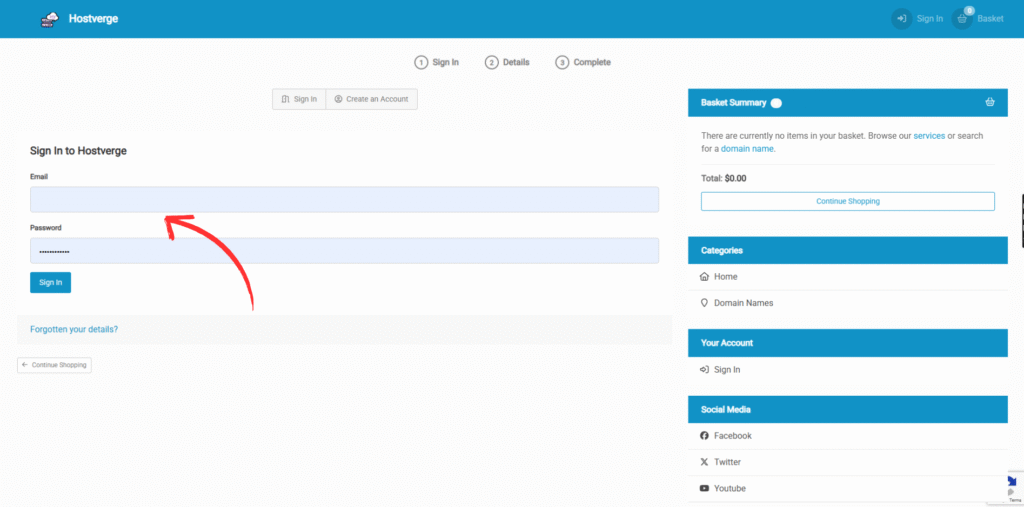 cpanel login page of hostverge