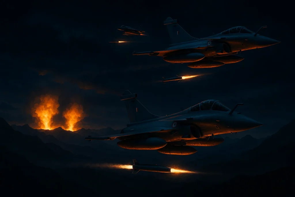A dramatic night-time scene of Indian Air Force Rafale jets flying