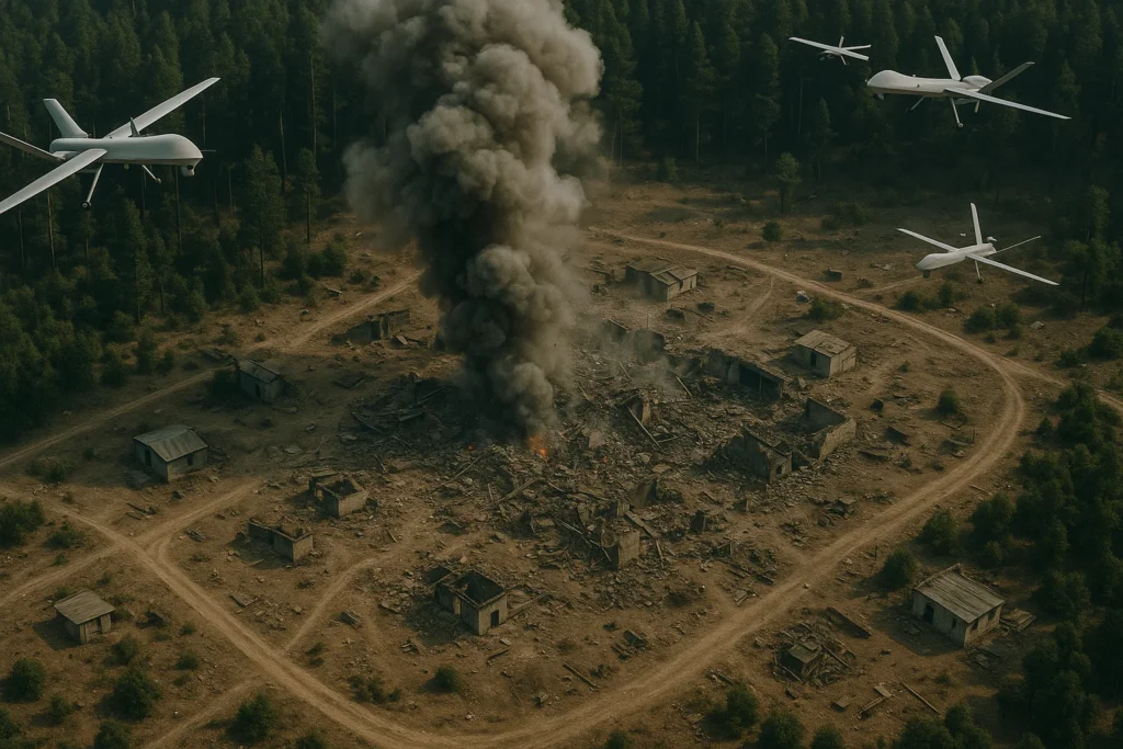A high-altitude aerial view of a destroyed terrorist training camp