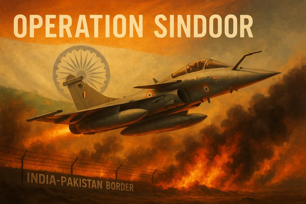 Indian Rafale fighter jet soaring over the India-Pakistan border with flames