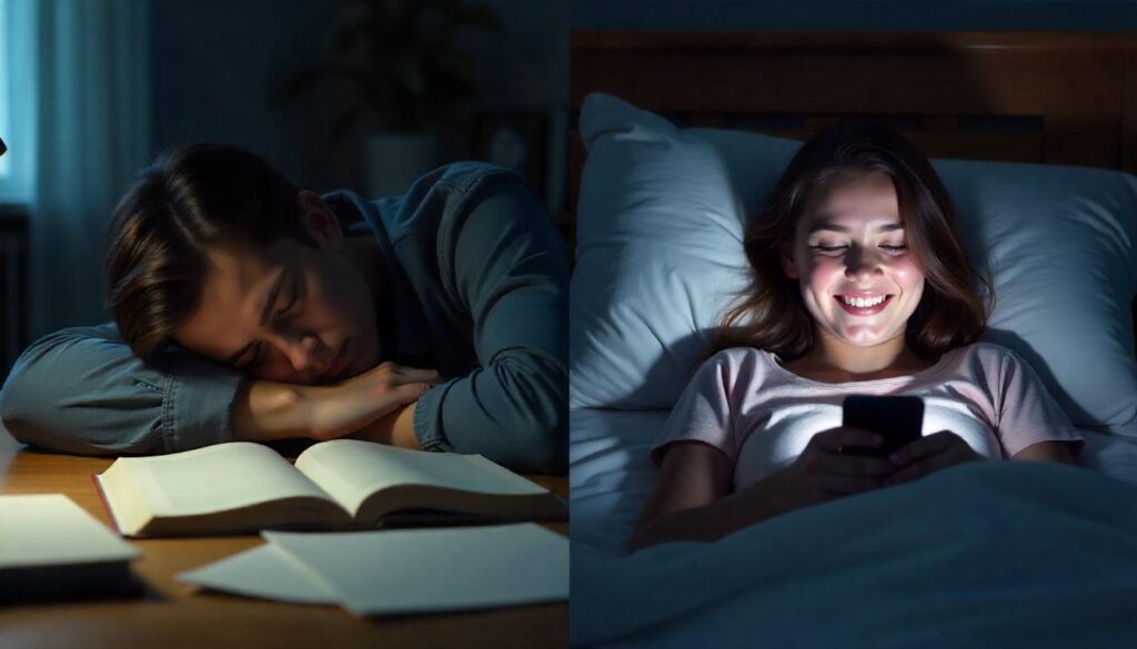 "Why Do Students Feel Sleepy While Studying (But Not on Phone)? – Fix It Now, Scientifically" two image ast the comparision there one image sleep position during the study and second onne happey scrollin mobile late night