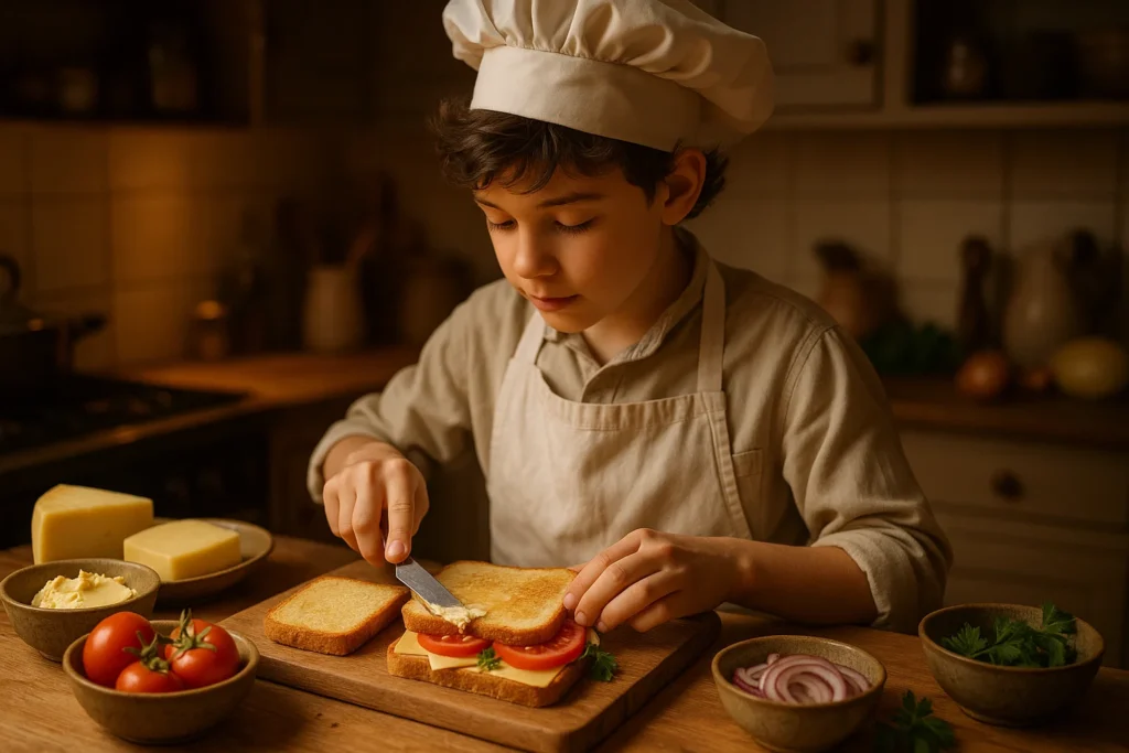 Chef preparing a crispy sandwich with fresh ingredients in a cozy kitchen.