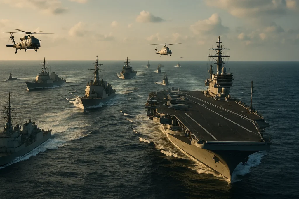 Warships, submarines, and aircraft carriers from multiple countries conducting joint naval drills in the Indonesian ocean as part of Exercise Komodo 2025.