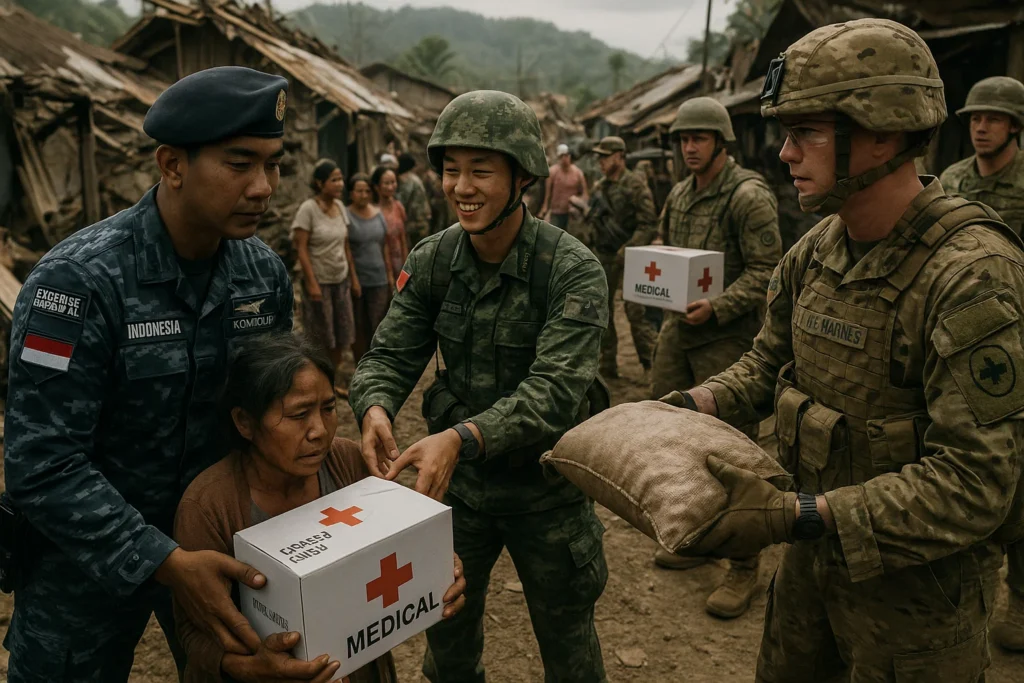 Military forces from various countries delivering medical aid and supplies to disaster-affected civilians during a relief simulation under Exercise Komodo 2025.