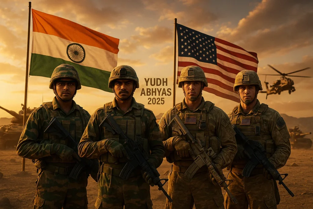 Indian and US soldiers stand together in full combat gear during Yudh Abhyas 2025, with their national flags and military vehicles in the background.