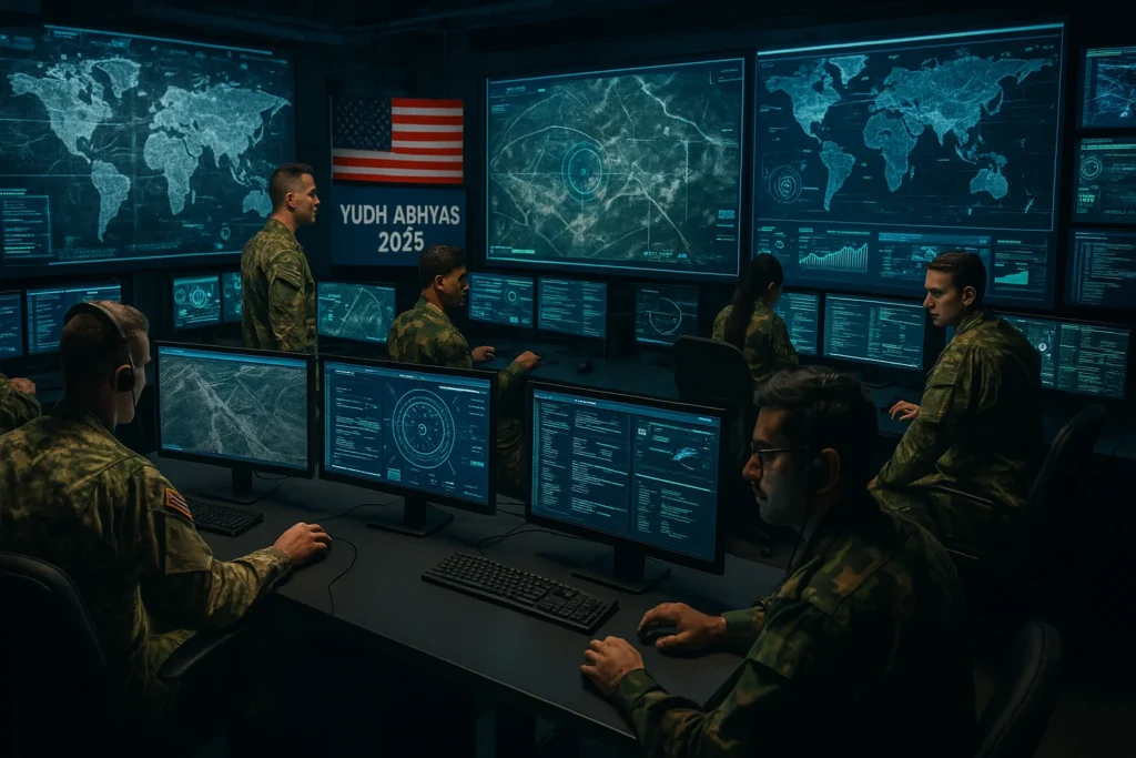 Indo-US military personnel monitor satellite feeds and cyber defense systems in a command center during Yudh Abhyas 2025.