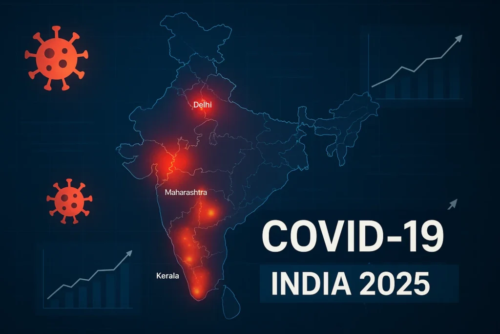 India COVID-19 2025 outbreak map showing hotspots in Kerala, Delhi, Maharashtra, and Karnataka with virus icons and rising graph charts.