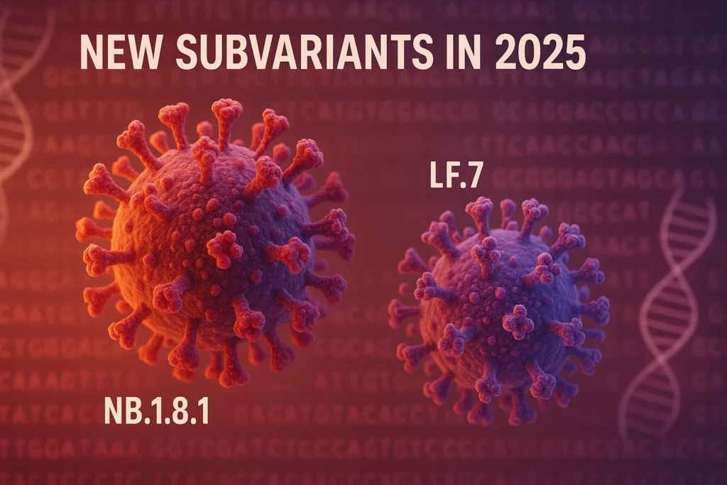 3D render of Omicron subvariants NB.1.8.1 and LF.7 with virus structure and DNA sequences in the background.