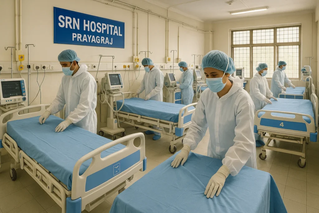 Indian hospital staff at SRN Hospital, Prayagraj preparing ICU beds with PPE kits and medical equipment for COVID-19 cases.