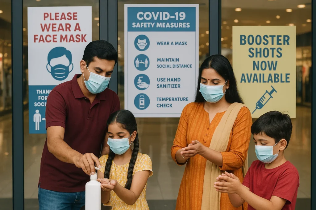 Indian family wearing masks sanitizing hands at a mall entrance with COVID-19 safety posters and booster shot reminders in the background.