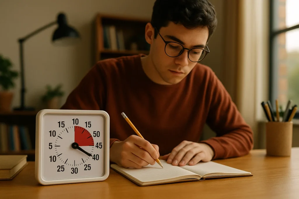 Pomodoro study technique with alternating focused work and short breaks