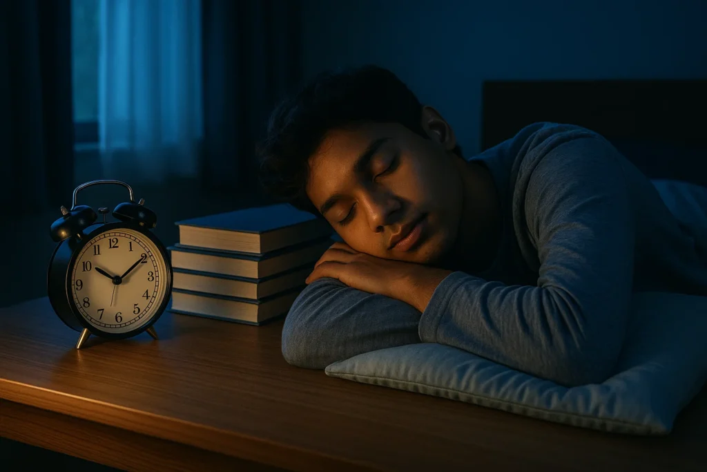 A student peacefully sleeping at night with books neatly stacked and an alarm clock showing 7 hours of sleep