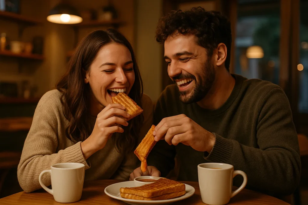 Smiling couple sharing a crispy sandwich in a cozy café setting.