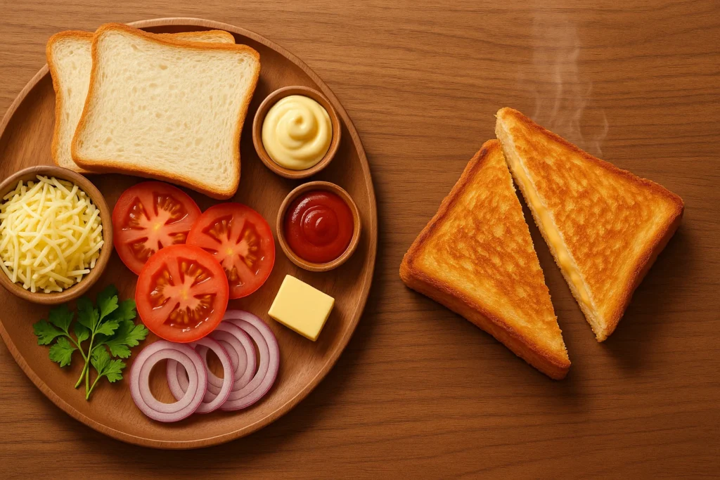 Flat lay of sandwich ingredients with a crispy finished sandwich on a rustic plate.