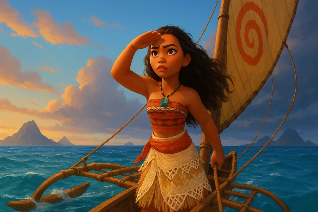 Moana and Maui stand on a traditional Polynesian canoe at sunset, sailing across the ocean with islands in the background — cinematic Disney-style animation for Moana 2.