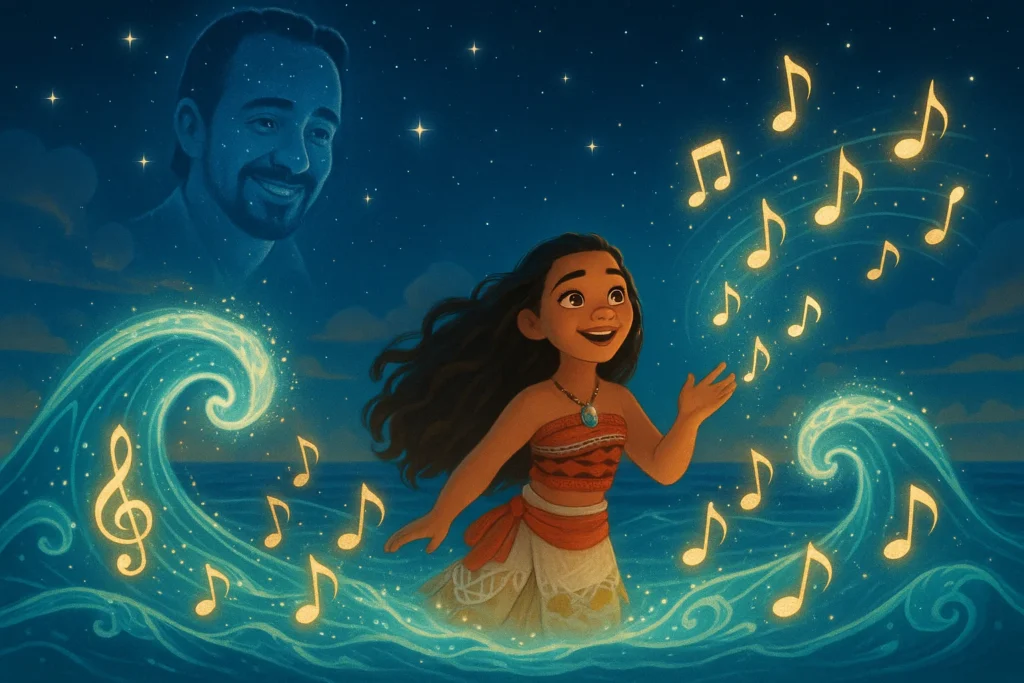 A fantasy scene with Moana surrounded by glowing waves and floating musical notes, symbolizing the return of powerful songs in Moana 2, with a silhouette of Lin-Manuel Miranda above.