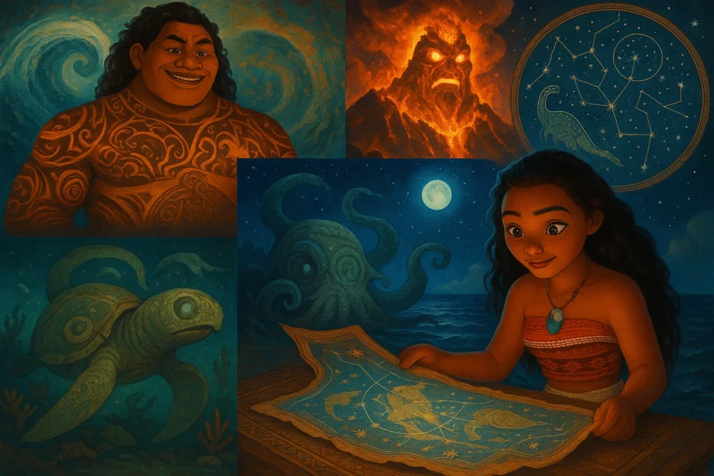 Moana studies an ancient star map under moonlight, surrounded by elements of Polynesian mythology like ocean creatures, tattoos, and volcanic spirits — showcasing the cultural roots of Moana 2.