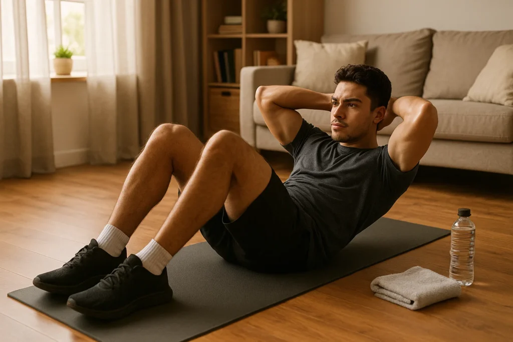 Man doing ab crunches at home on a yoga mat with determination and proper form in a bright, comfortable setting.