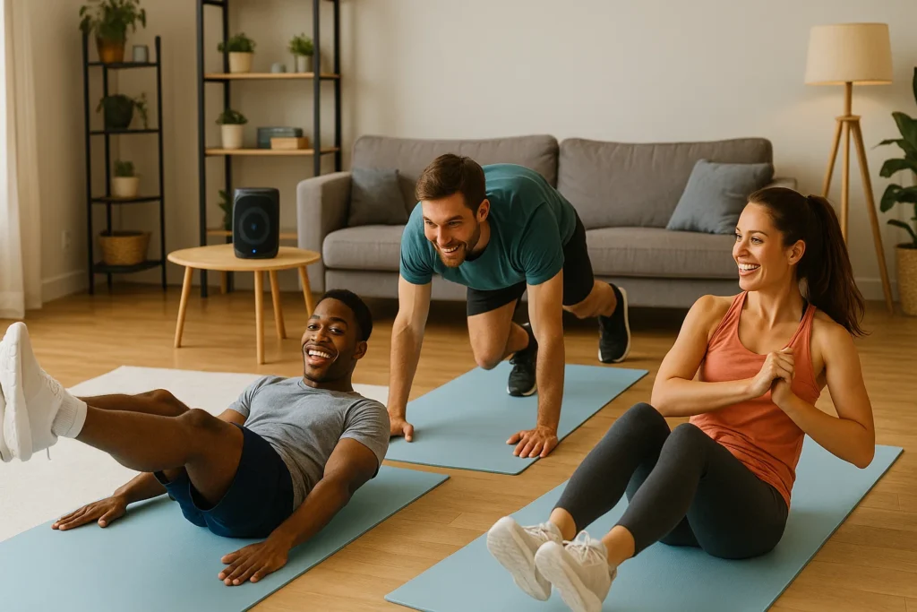 Three friends doing different abs exercises together at home, creating a fun and motivating home workout environment.