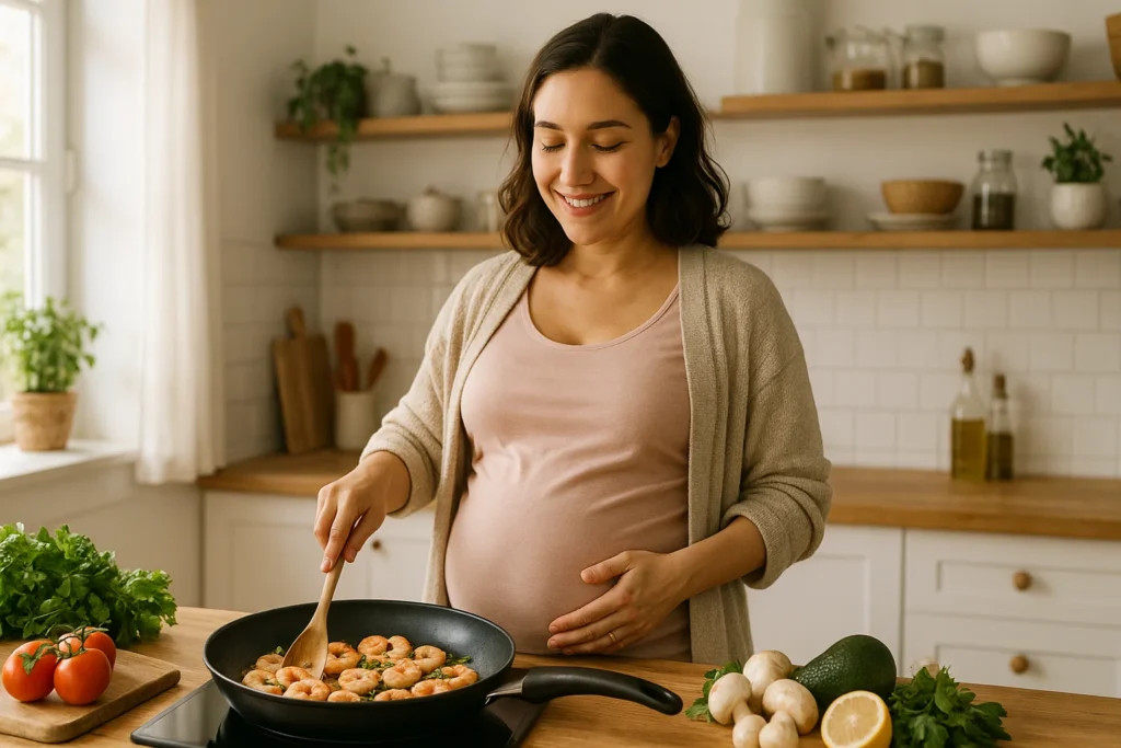 Pregnant woman cooking healthy shrimp meal at home