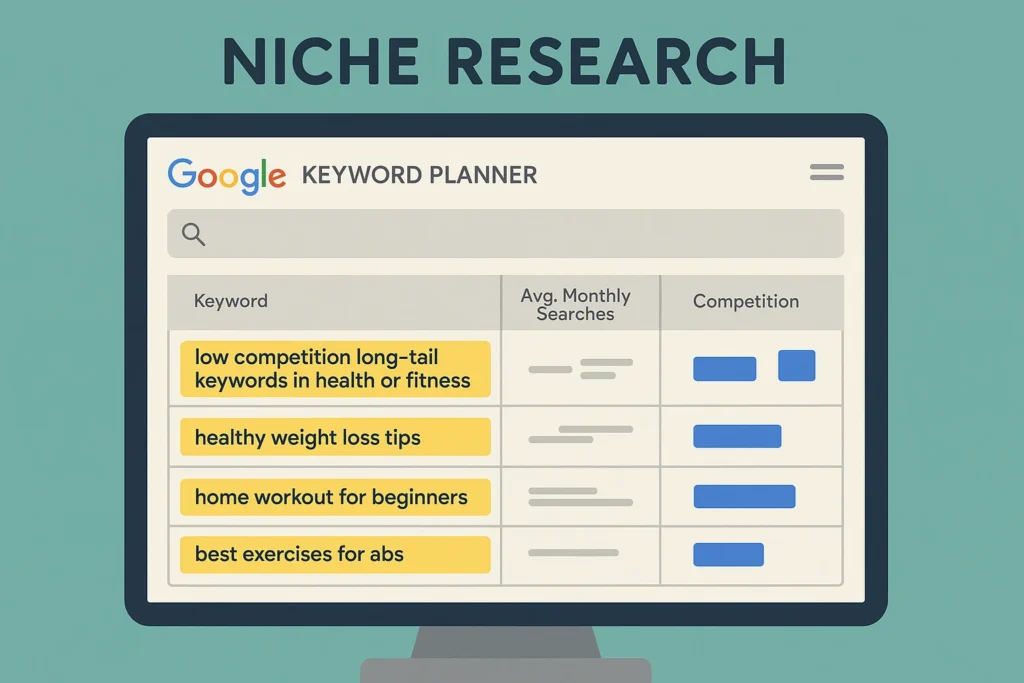 A visual representation of niche research using a computer screen showing keyword tools like Google Keyword Planner, with highlighted low competition long-tail keywords related to health or fitness.