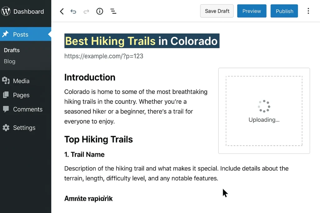 A WordPress dashboard with blog post editor open, including a highlighted title with SEO keyword, some formatted headings, and an image being uploaded. Show user actively writing blog content.
