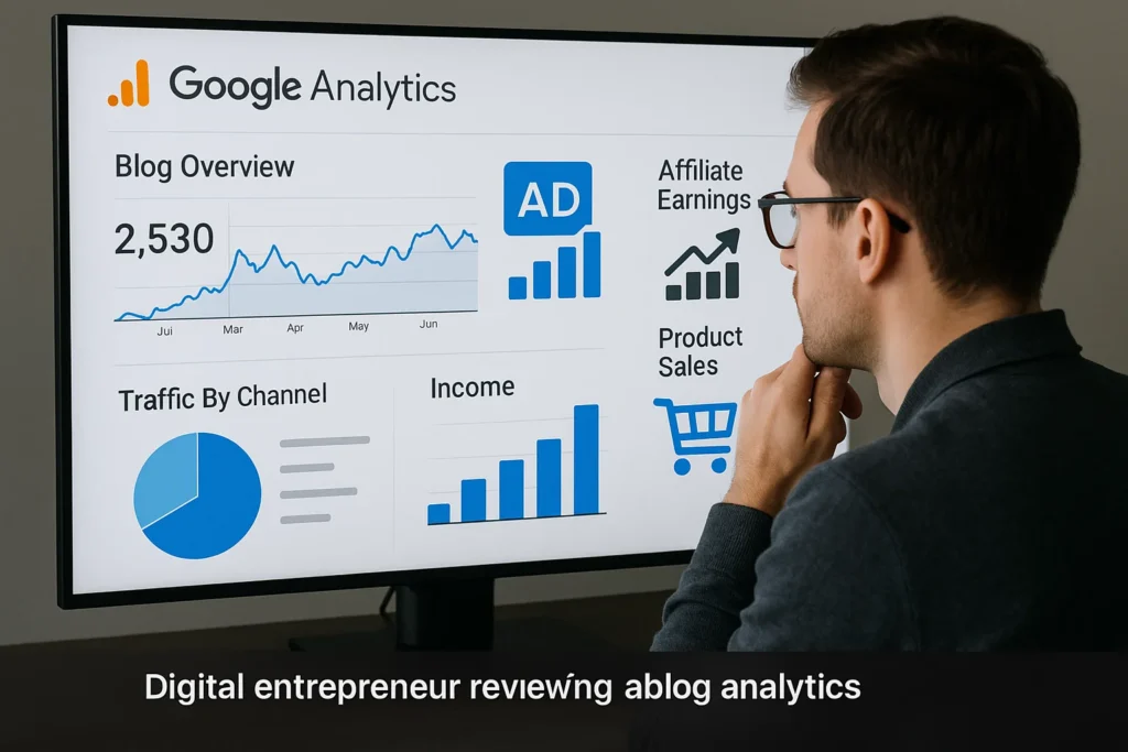 A digital entrepreneur reviewing blog analytics on a large screen, with Google Analytics and income streams (ads, affiliate earnings, product sales) visually represented through graphs and icons.