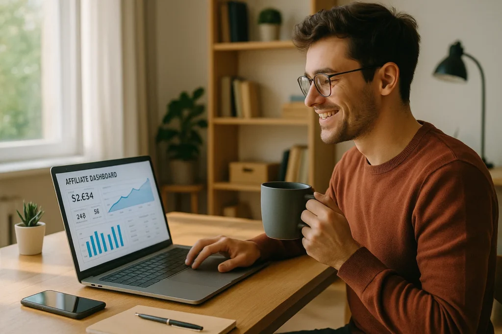 Young entrepreneur working from home on a laptop with affiliate marketing dashboard open, sipping coffee in a bright and productive workspace