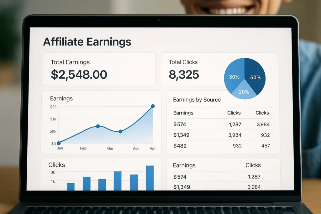 Close-up view of an affiliate marketing dashboard on a laptop screen showing earnings and performance analytics