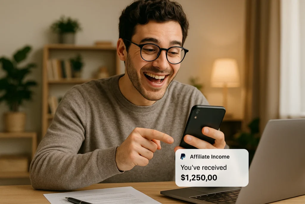 Happy person checking affiliate income on mobile, showing PayPal or bank transfer notification while working from home