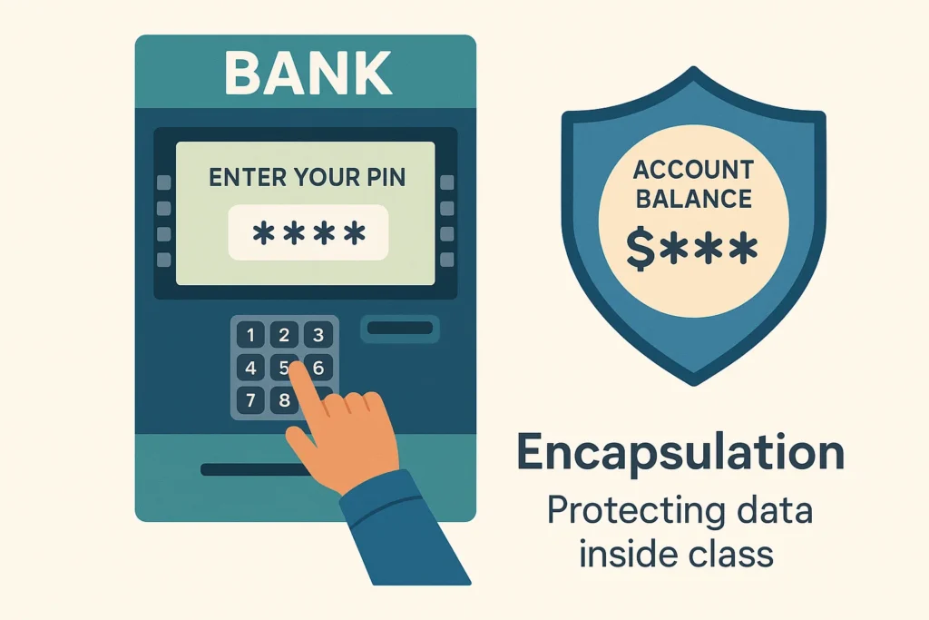 Bank ATM showing user entering PIN to access protected account balance, representing encapsulation in OOPS