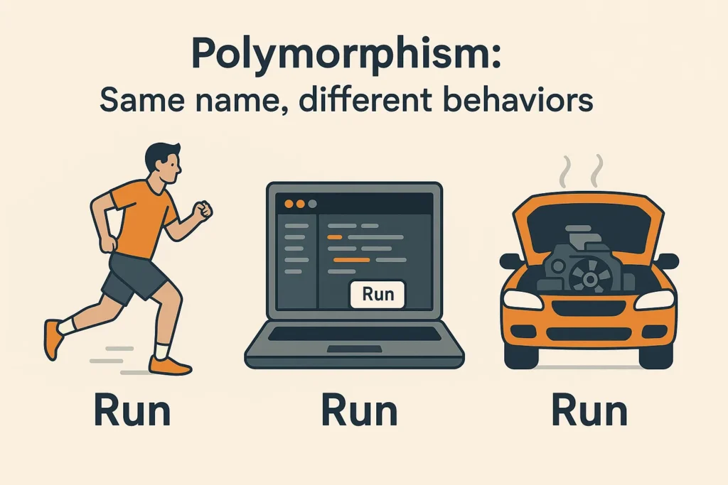 Word 'Run' applied to man, computer, and car engine showing polymorphism concept.