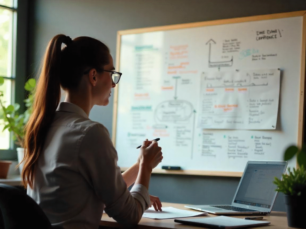 Creative person brainstorming niche ideas for affiliate marketing on a whiteboard in a modern home office