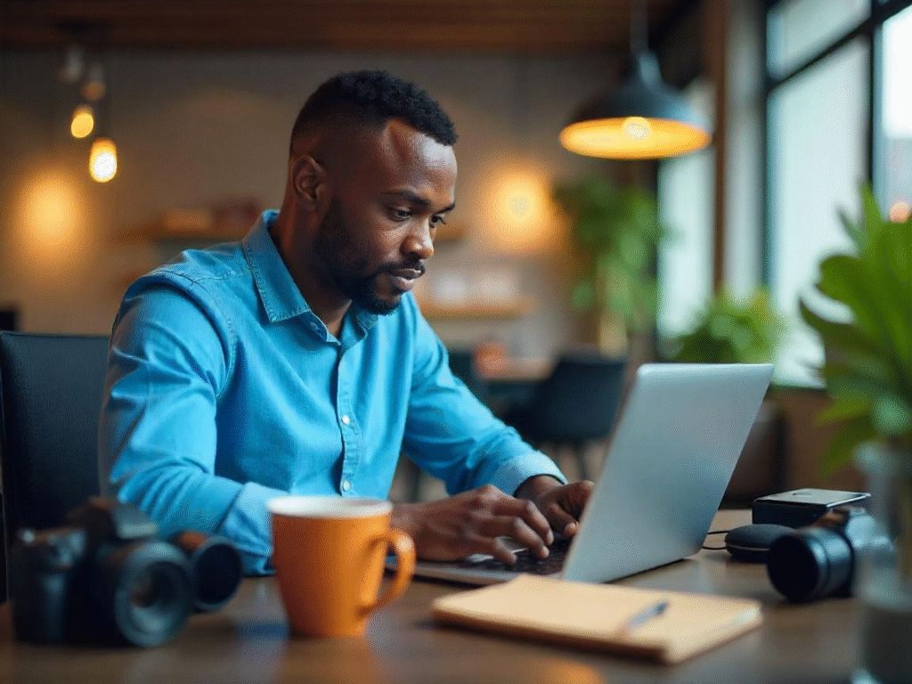 Blogger creating affiliate content on a laptop surrounded by digital gear, camera, notepad, and coffee on a wooden desk