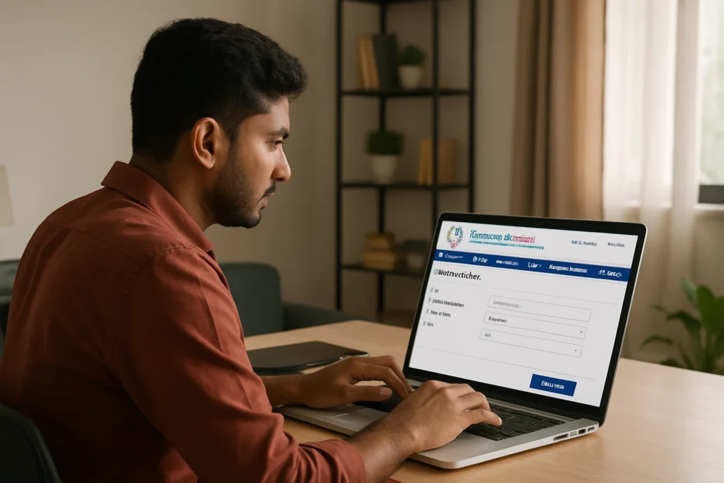 A person accessing the Income Tax India e-filing portal on a laptop, viewing the bank validation section in a home office setting.